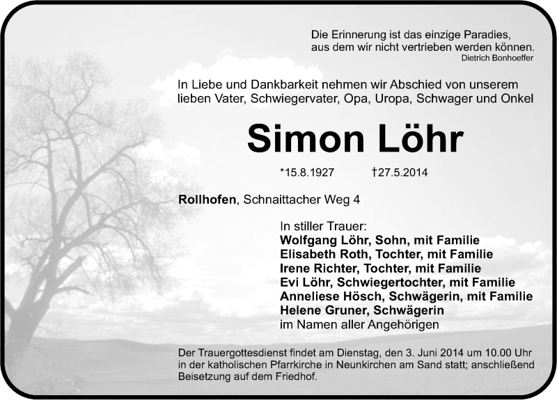  Traueranzeige für Simon Löhr vom 31.05.2014 aus Pegnitz-Zeitung